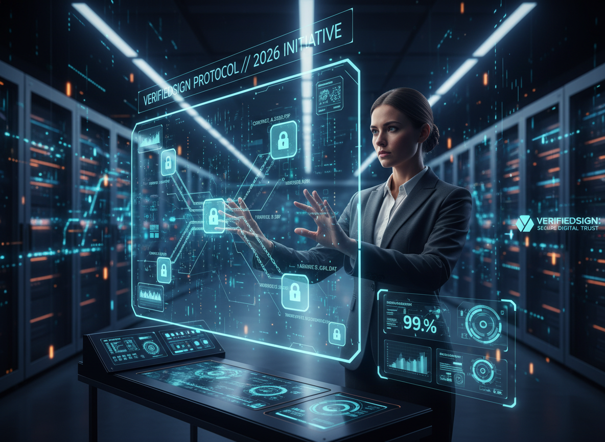 Futuristic data center with holographic blockchain nodes and a cybersecurity specialist monitoring secure, tamper-proof document chains.