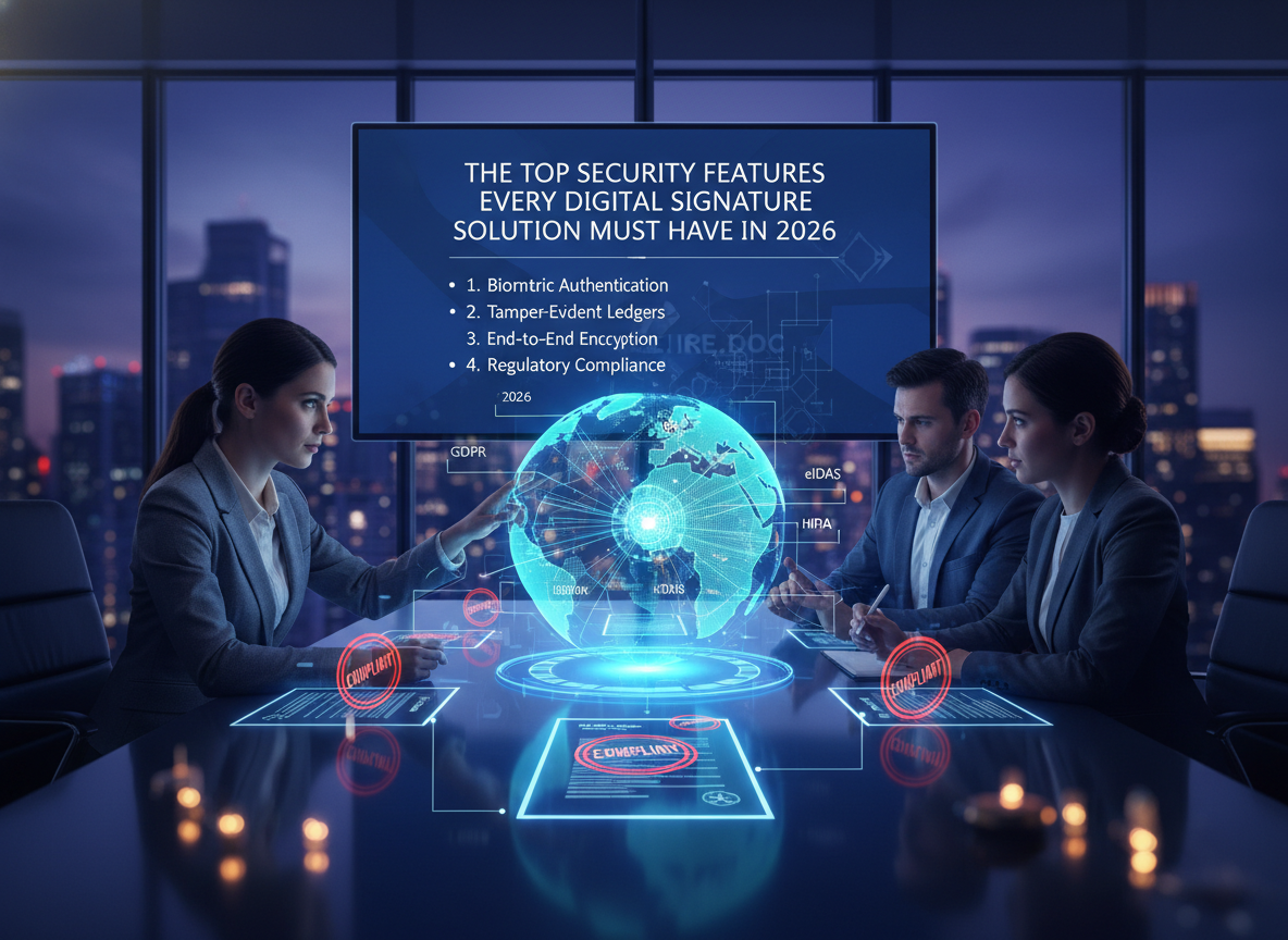 A team of professionals reviewing a holographic globe displaying compliance zones and stamped documents marked 'Compliant.'