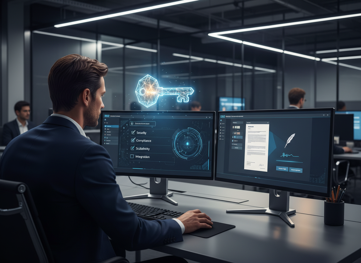 A professional comparing digital signature platforms on dual monitors in a tech-forward office, with a checklist of essential features displayed.
