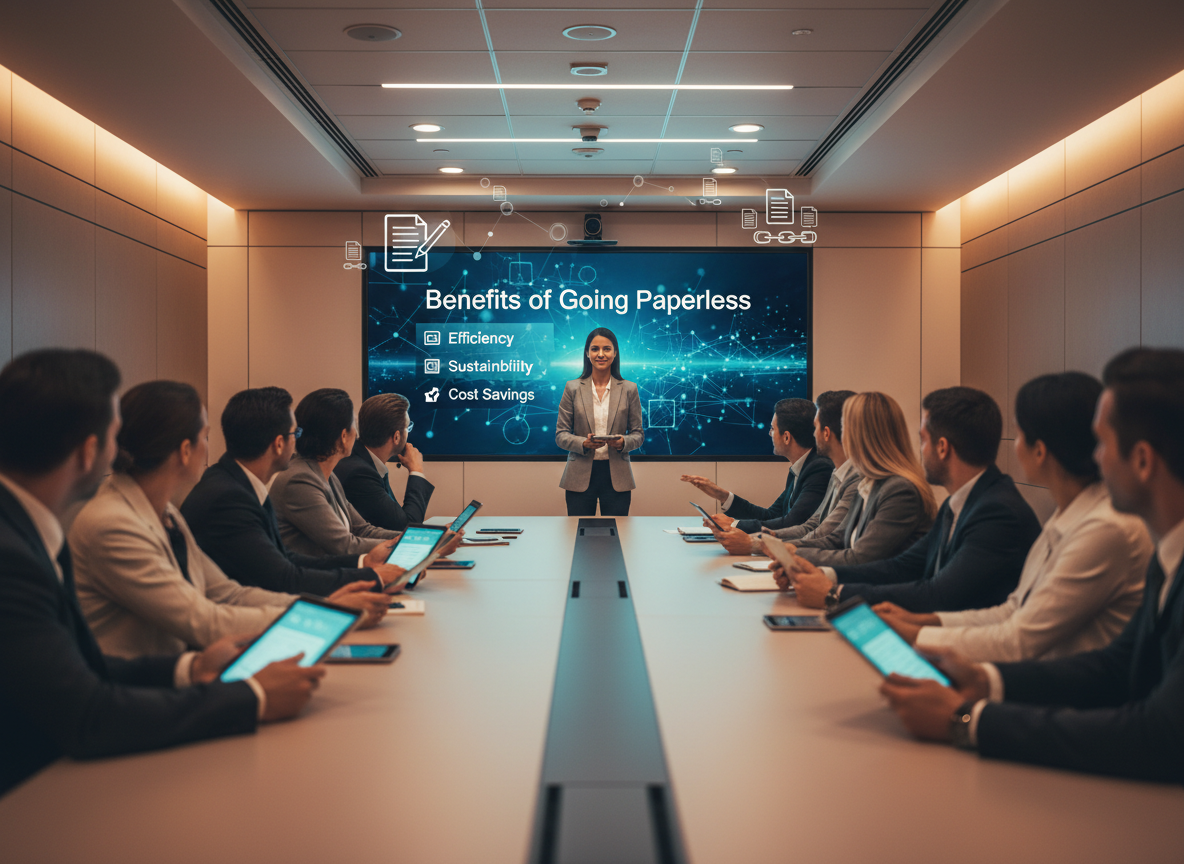 A training session in progress, with a presenter explaining the benefits of paperless workflows to an engaged team using modern digital tools.