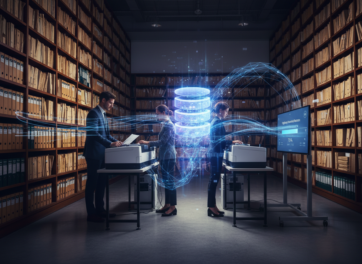 A tech team digitizing historical documents in an archival room, with a glowing holographic database symbolizing the transition to a paperless workflow.
