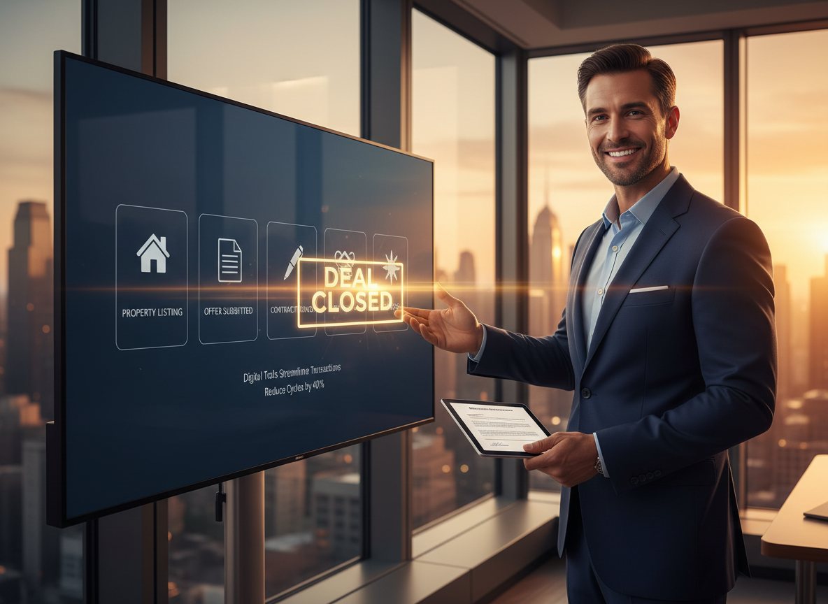 Real estate agent in office pointing to a touchscreen displaying a digital workflow ending with a glowing 'Deal Closed' stamp.