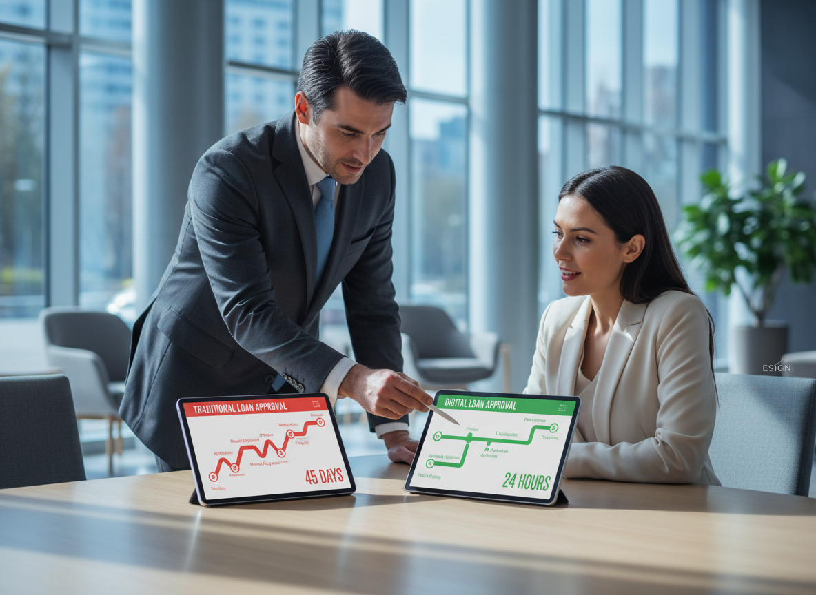 Banker pointing to a tablet comparison of traditional versus digital loan approval timelines, highlighting faster processing with e-signatures.