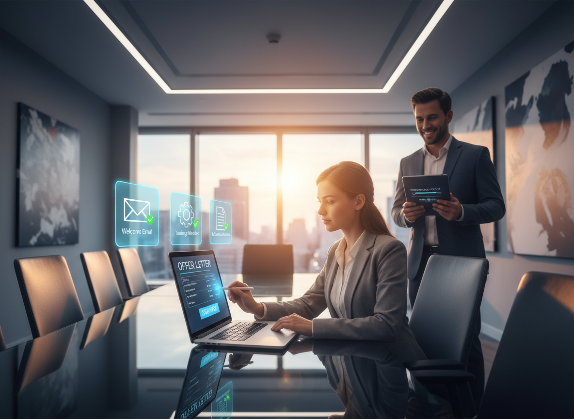Employee signing an electronic offer letter on a laptop with holographic icons showing automated onboarding steps like training modules and policy acknowledgment.