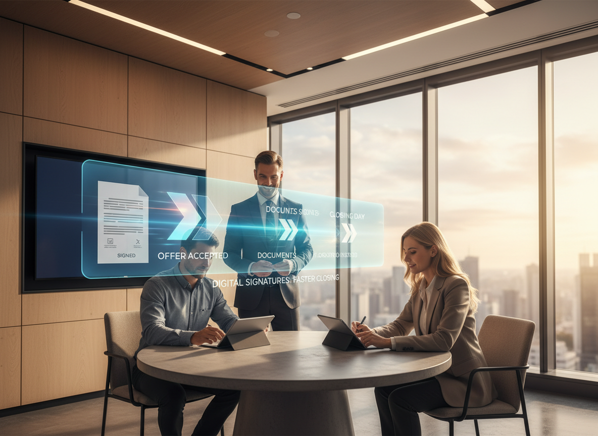 A buyer and seller signing a real estate purchase agreement digitally, with a holographic timeline showing transaction milestones.
