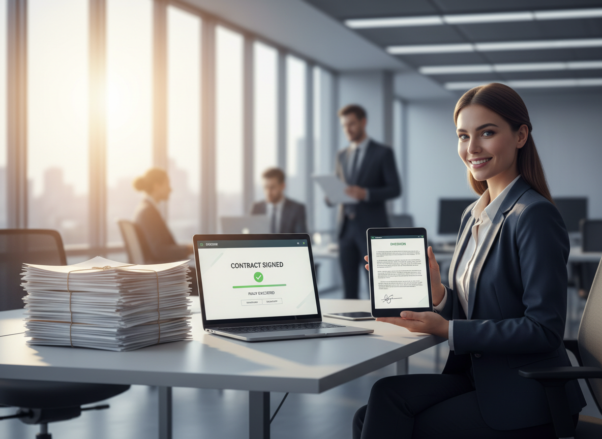 A corporate office scene illustrating accelerated contract turnaround times using electronic signatures, with a focus on efficiency and modern technology.