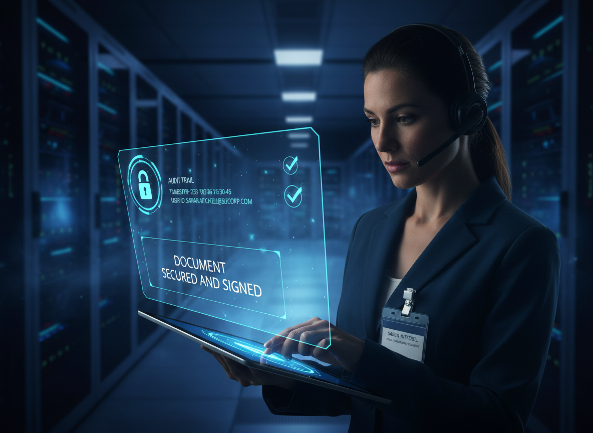 A futuristic server room scene illustrating the security and compliance features of electronic signatures, including encryption and audit trails.