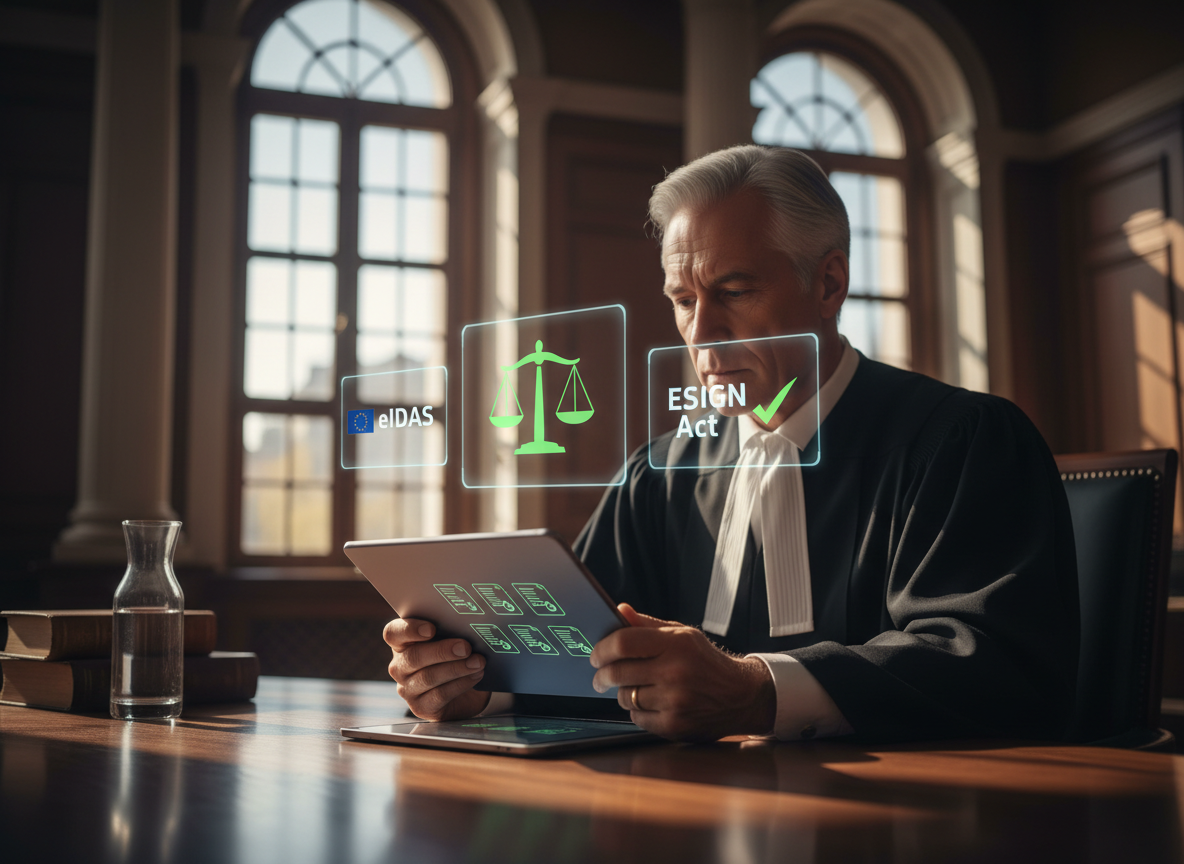 A courtroom scene showing a judge reviewing digital documents on a tablet with holographic icons representing legal compliance, such as eIDAS and ESIGN Act.