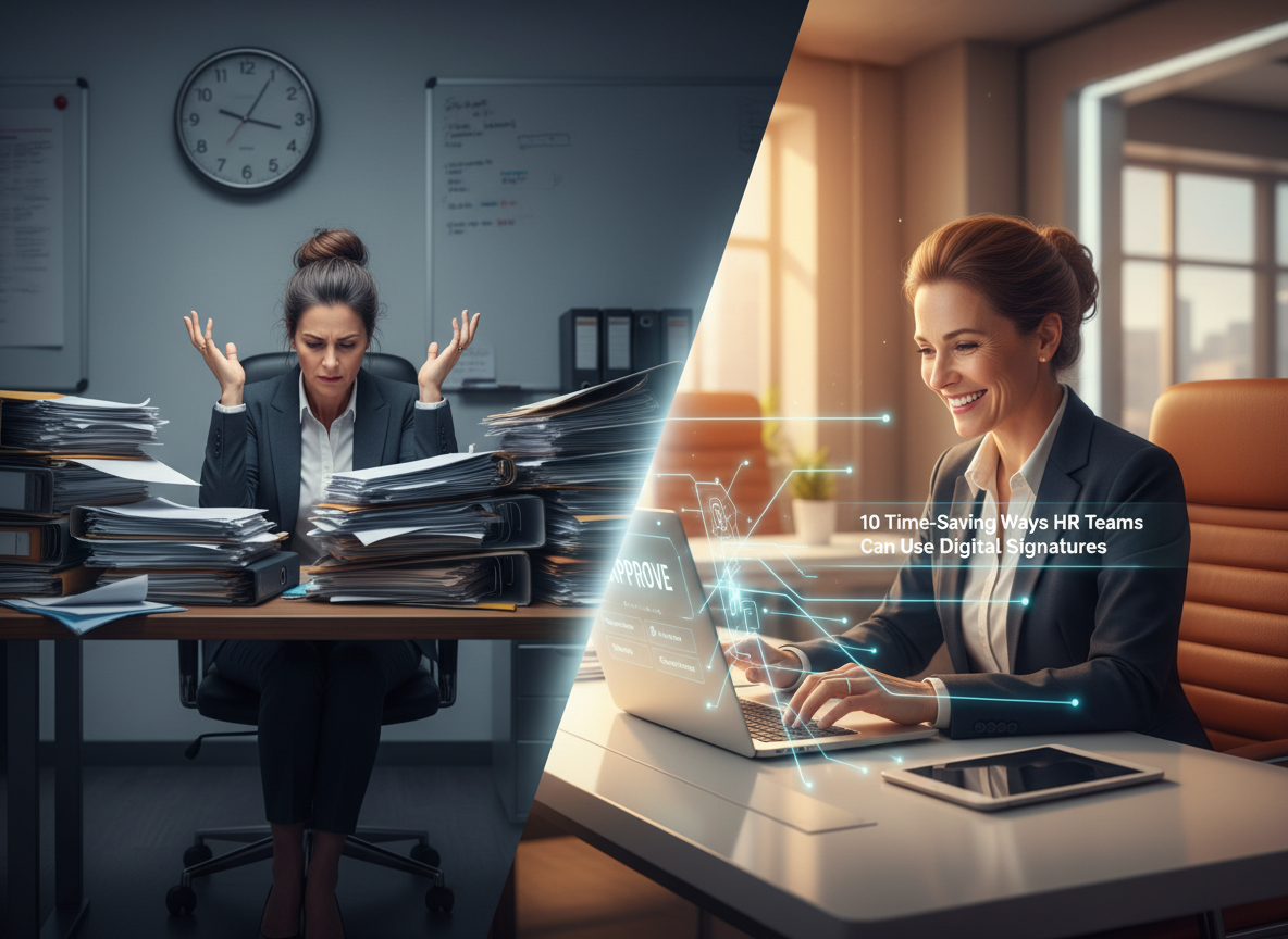 A split-screen visual comparing traditional paper-based HR workflows with streamlined digital signature workflows, emphasizing time savings and efficiency.