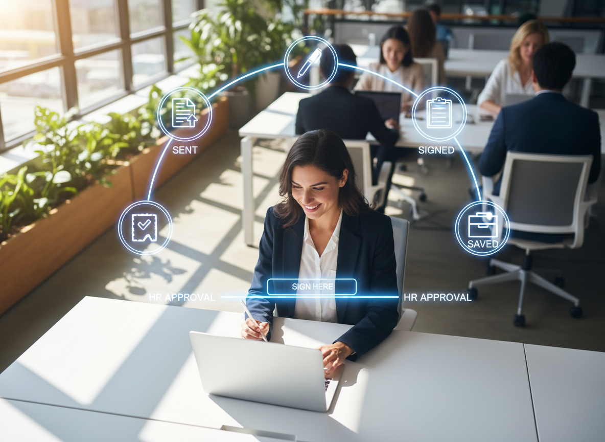 Step-by-step visual of an automated onboarding process, showing icons for document sent, signed, HR approval, and record saved in a co-working space.