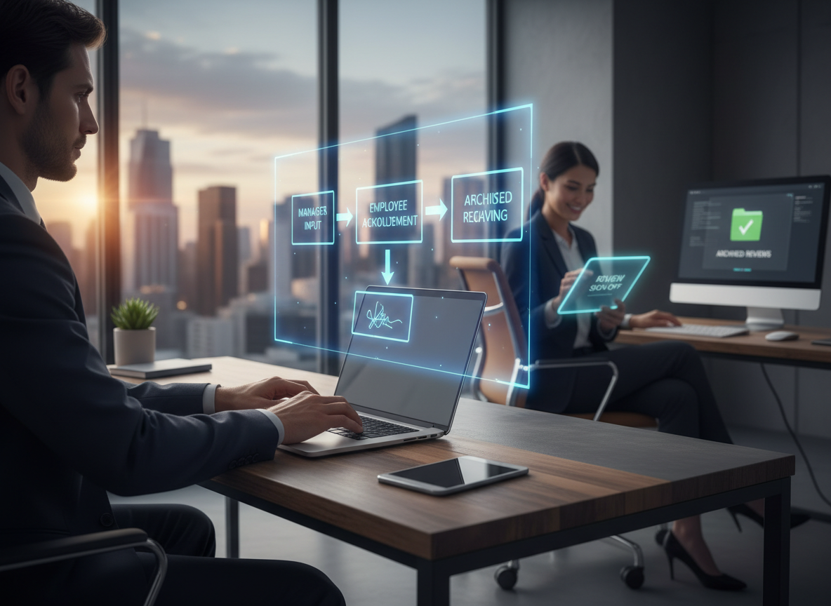 A digital performance review flowchart showing manager input, employee acknowledgment, and HR archiving in a collaborative office setting.