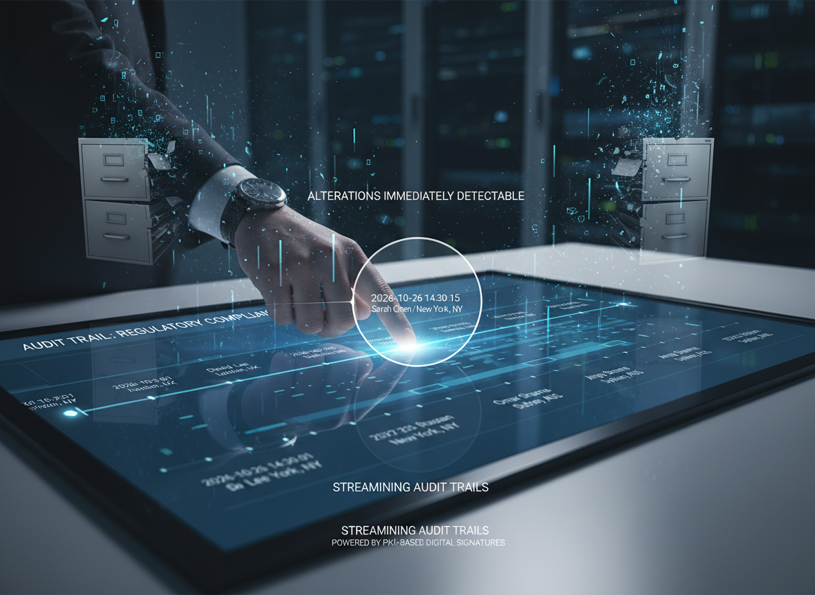 A digital timeline interface showing an audit trail with timestamps and signers, with a hand interacting to highlight one entry, symbolizing streamlined audit processes.