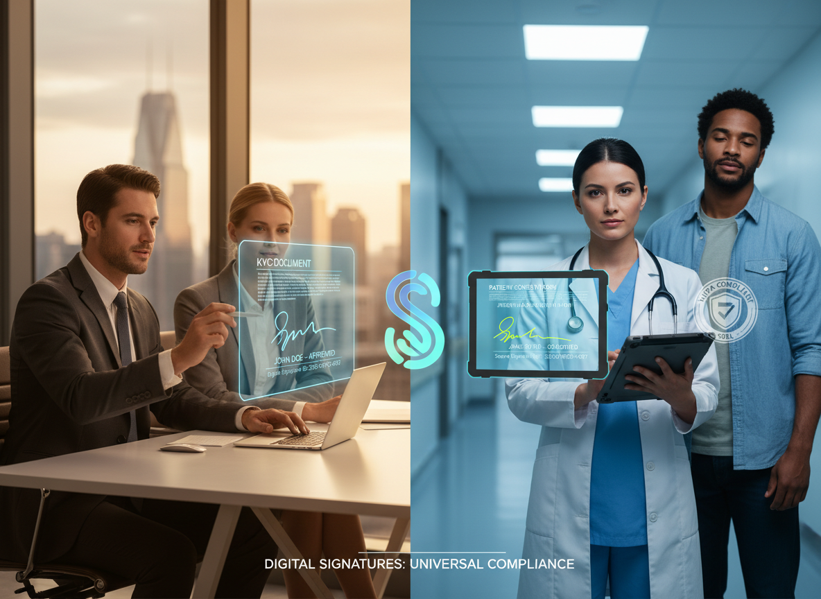 A split-screen image showing a financial advisor and a healthcare professional using digitally signed documents, representing compliance with KYC and HIPAA regulations.