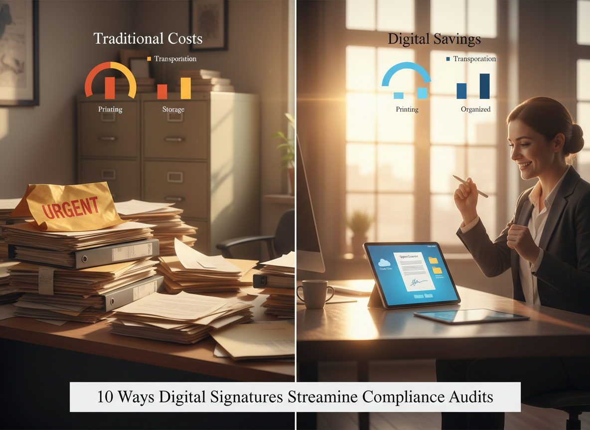 Side-by-side comparison of a cluttered paper-based office versus a streamlined digital workspace, highlighting cost savings such as printing and transportation.