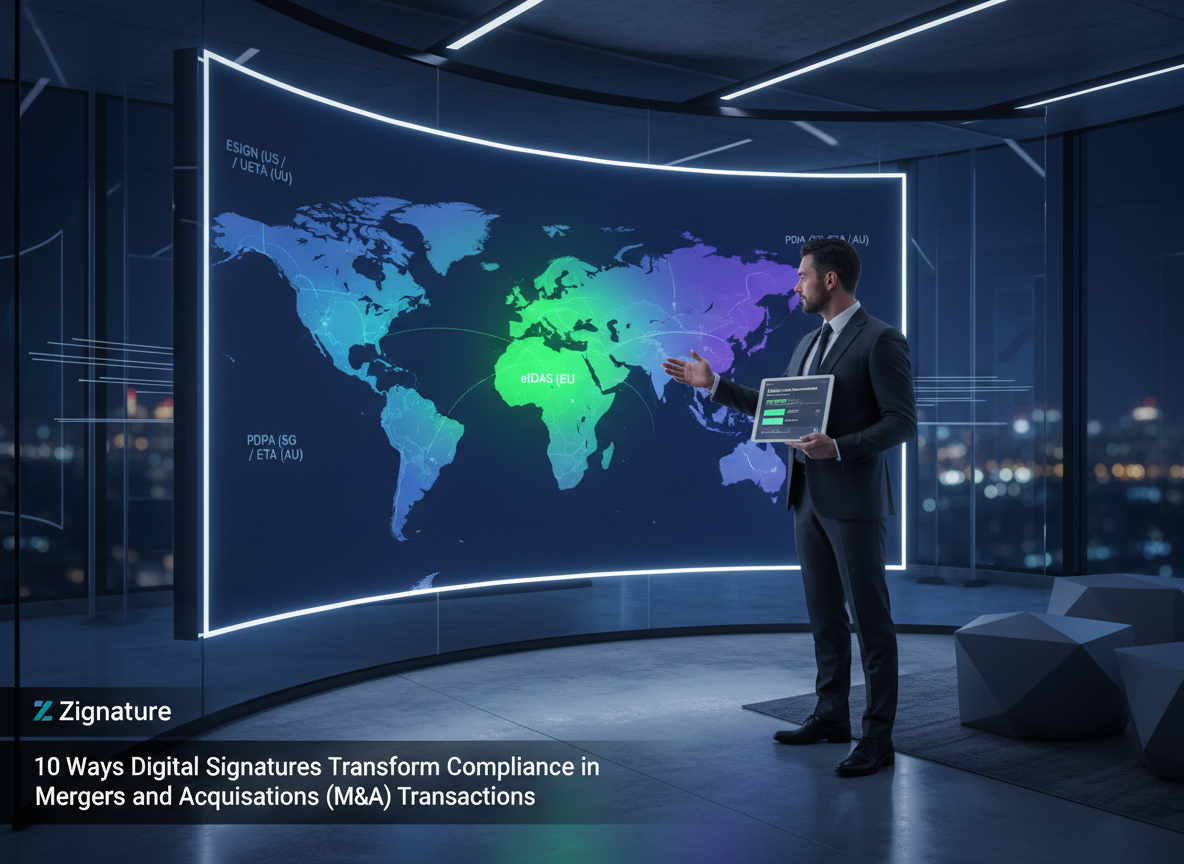 Global map showcasing digital signature regulations across Europe, the US, and Asia-Pacific with professional and futuristic elements.