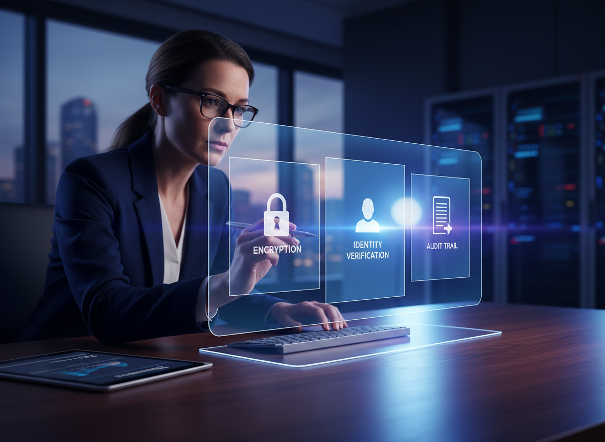 Holographic interface showing layers of digital signature security: encryption, identity verification, and audit trails in a tech-savvy office setting.