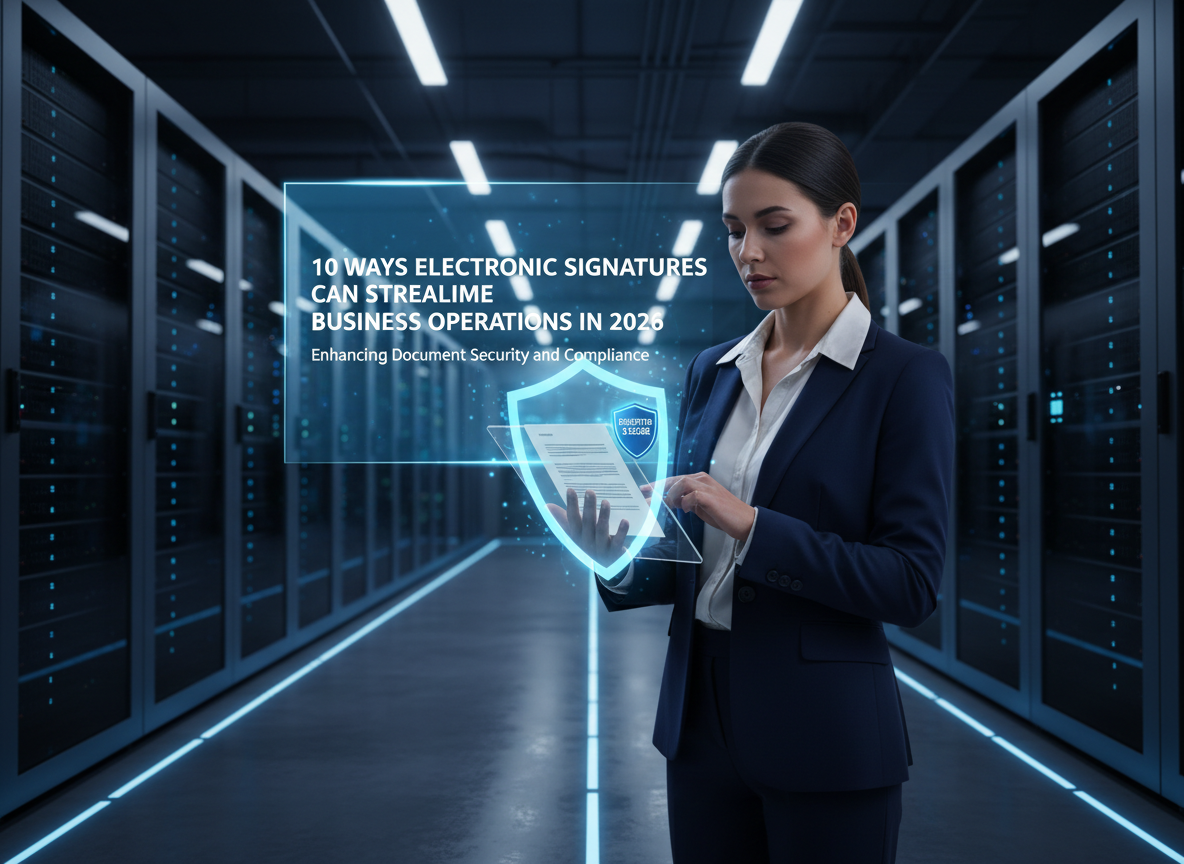A businesswoman in a server room using a tablet displaying a secure document with an 'Encrypted & Secure' badge, surrounded by a holographic shield icon.