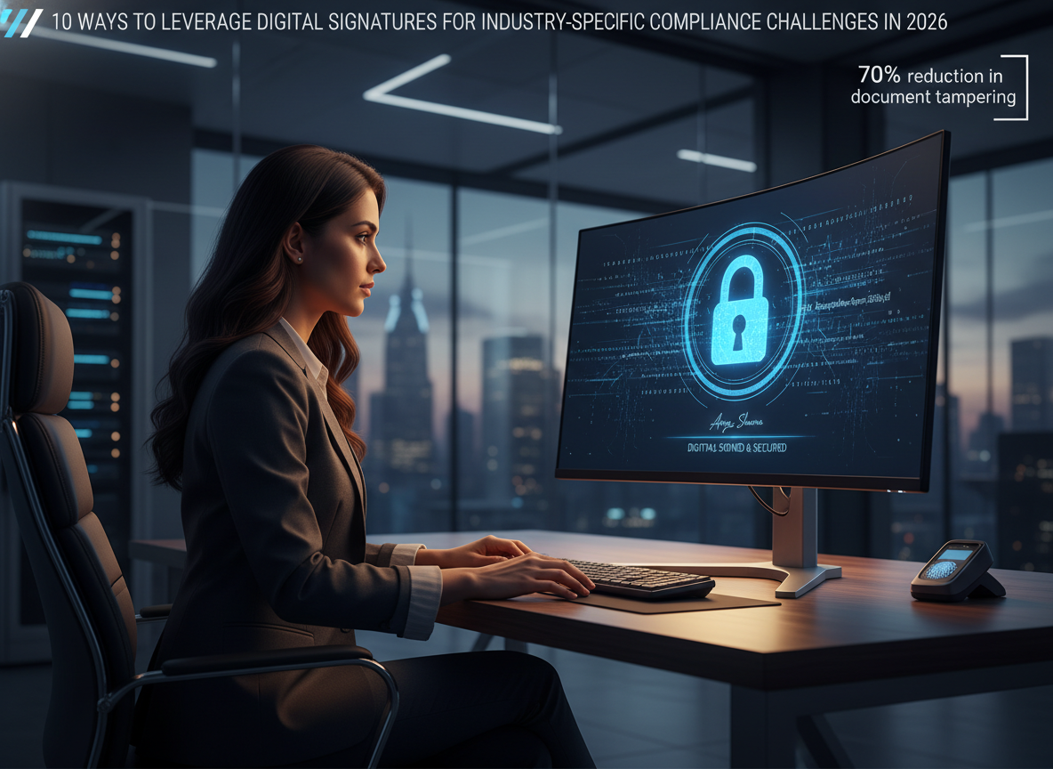 IT professional applying digital signature with glowing lock symbol, binary code streams.