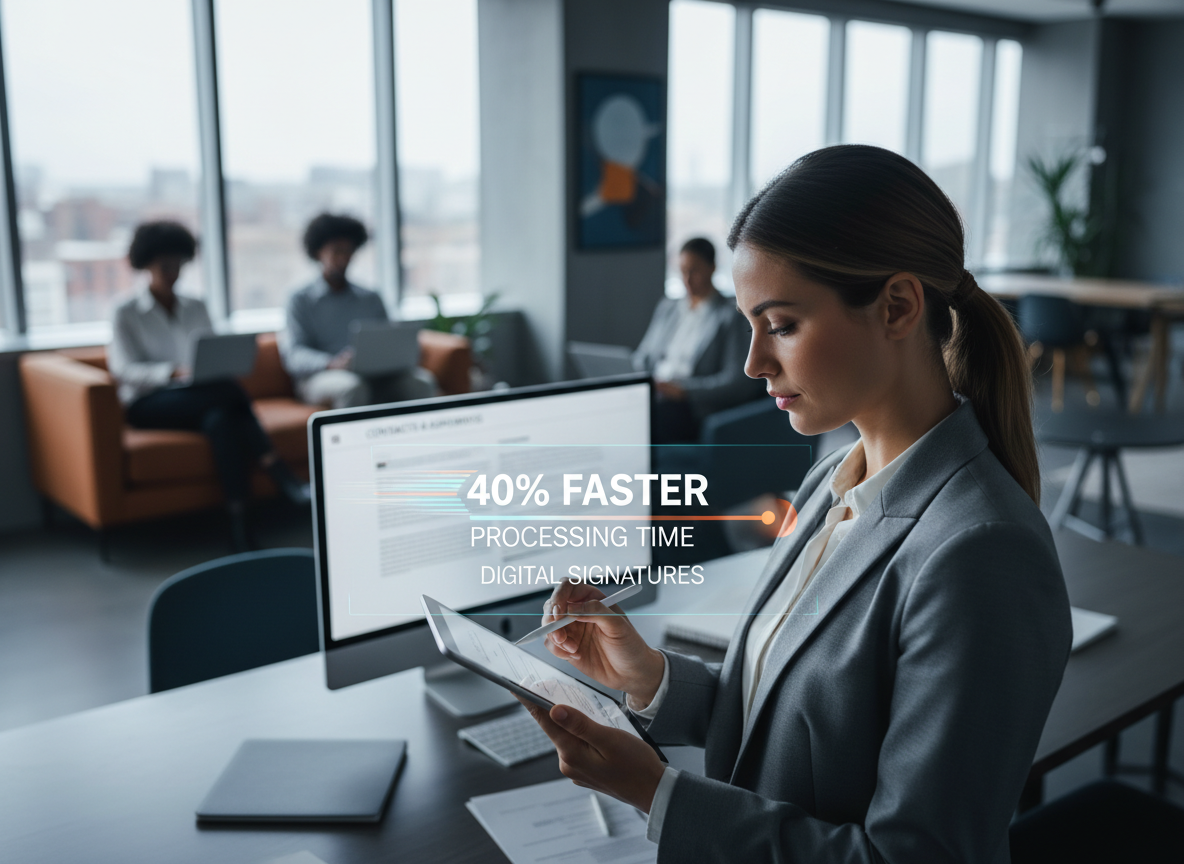Businesswoman digitally signing a document in a co-working space, with timeline overlay.