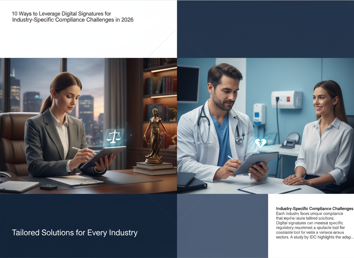 Split-screen of legal and healthcare professionals using digital signatures, with industry icons.