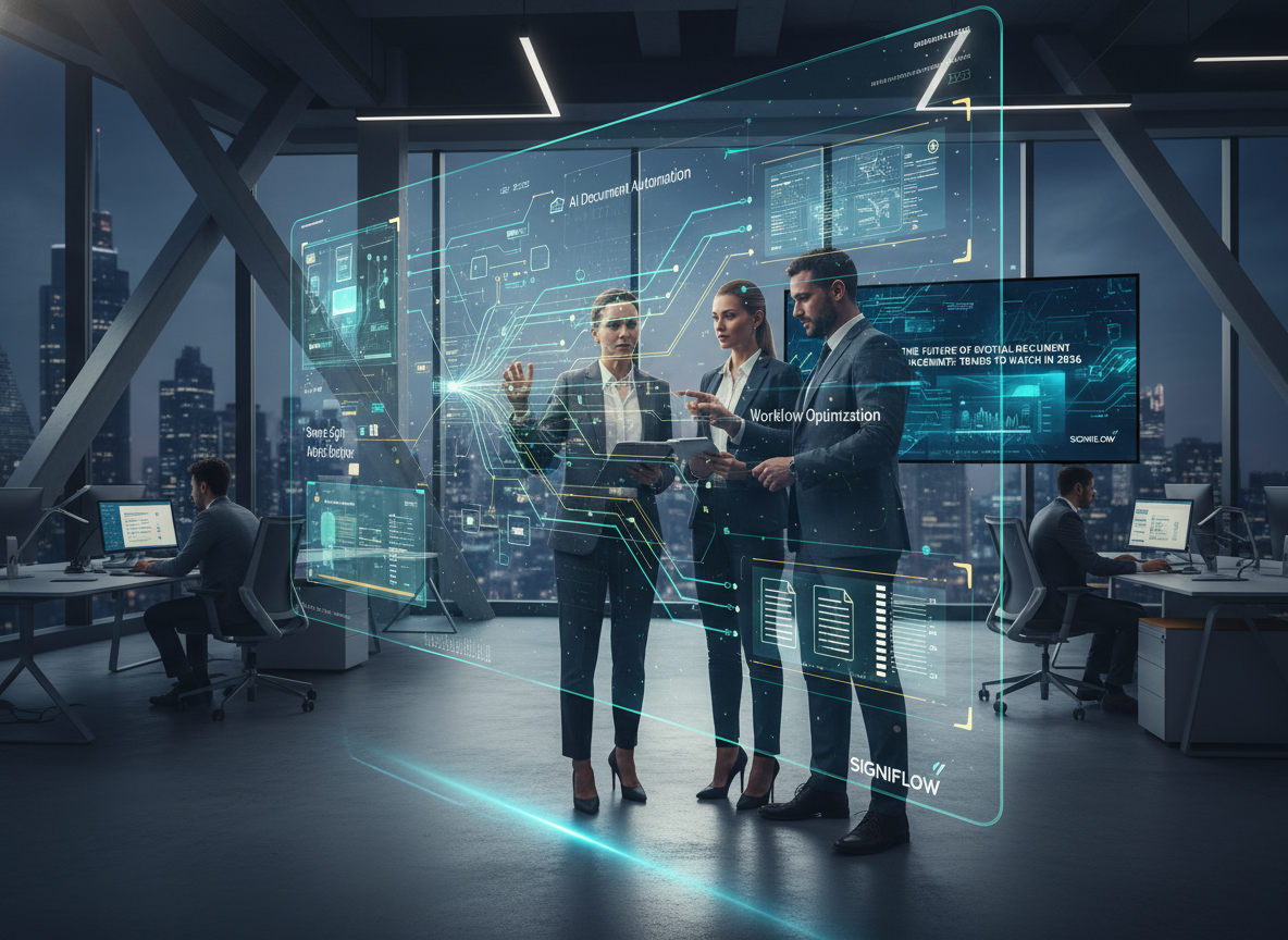 Modern office with professionals reviewing holographic AI workflows automating document tasks, symbolizing the impact of AI-driven automation.