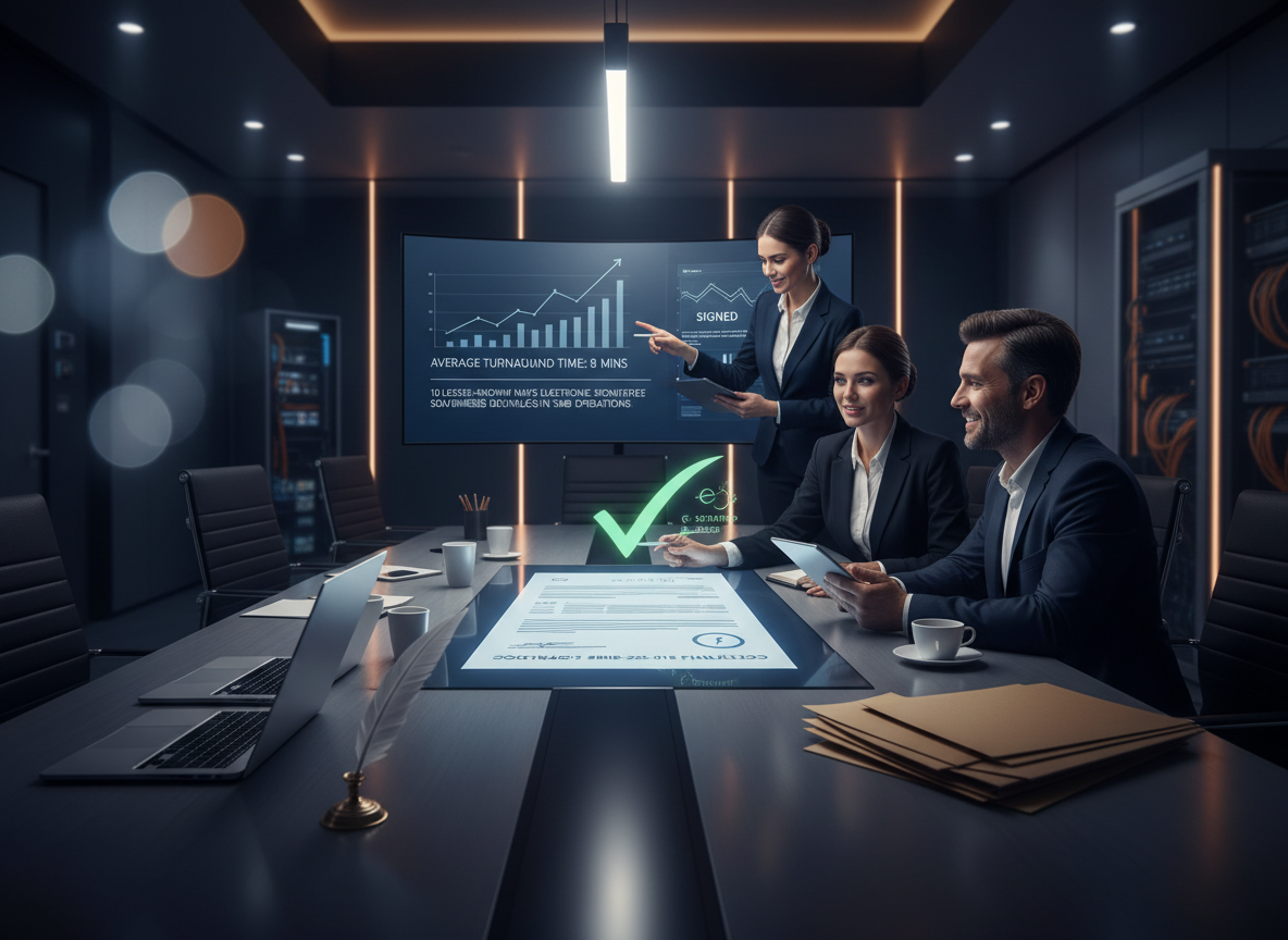 A corporate office scene illustrating accelerated contract turnaround times using electronic signatures, with a focus on efficiency and modern technology.