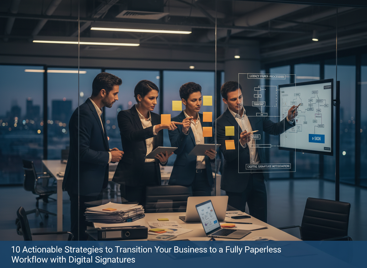 A business team conducting a workflow audit in a modern office, focusing on identifying paper-heavy processes using sticky notes and flowcharts.