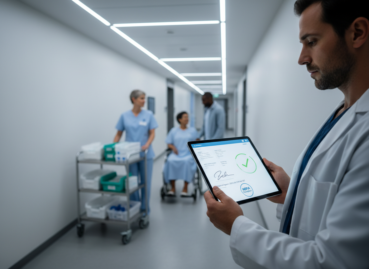 A doctor reviews a digitally signed medical consent form, symbolizing improved patient care and operational efficiency for healthcare SMBs.