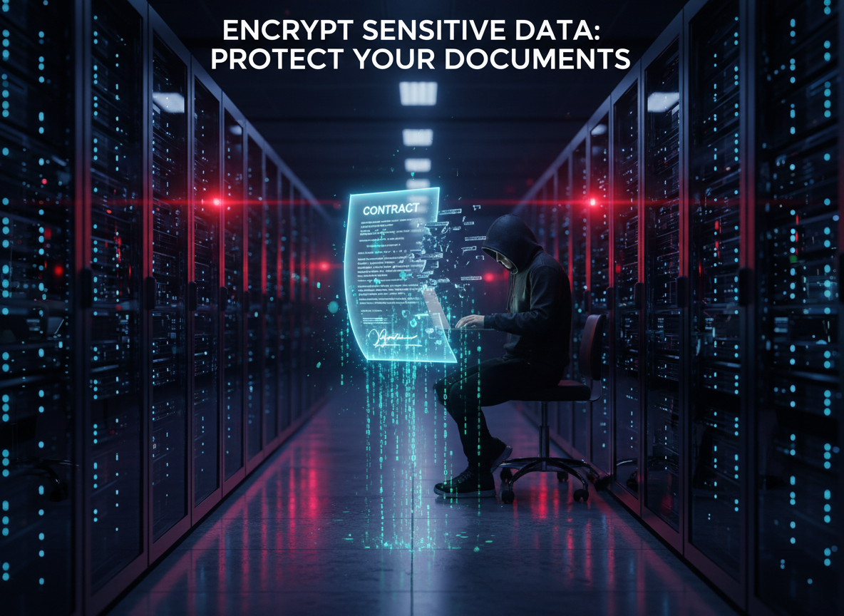 A server room with sensitive signed documents being intercepted by a hacker, emphasizing the importance of encryption to prevent data breaches.