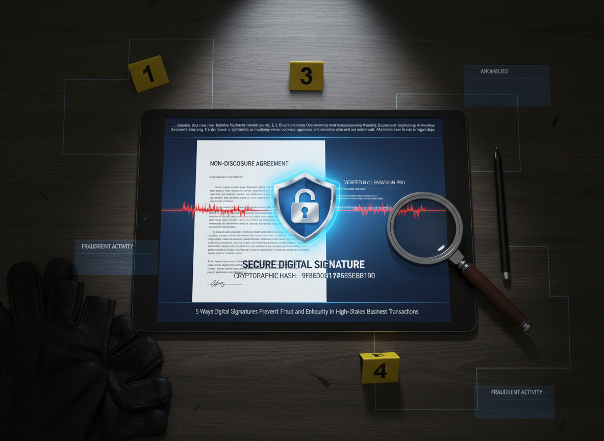 Tablet displaying a legal document with cryptographic hash details, surrounded by forensic elements highlighting tampering attempts.