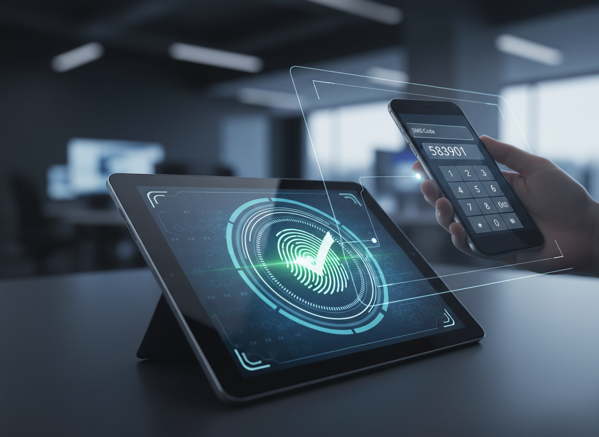 Close-up of biometric scan and SMS code entry representing multi-factor authentication for enhanced identity verification.
