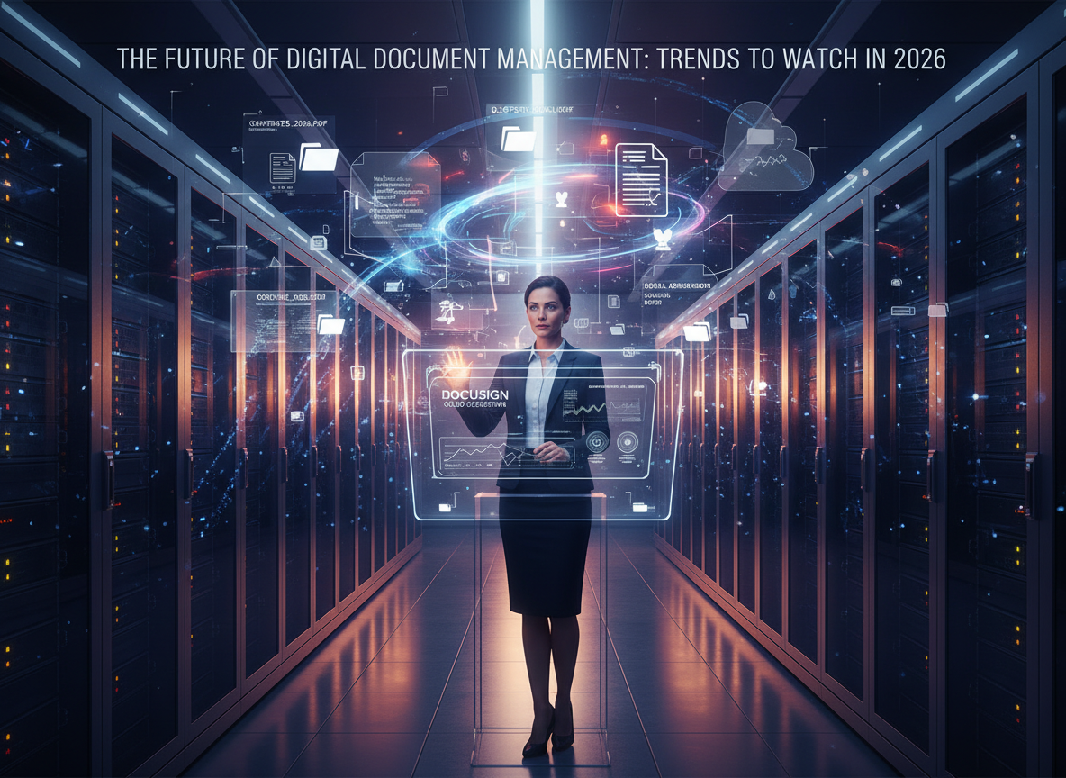 High-tech server room with cloud-based document storage overlays and a business analyst accessing files, symbolizing cloud ecosystem integration.