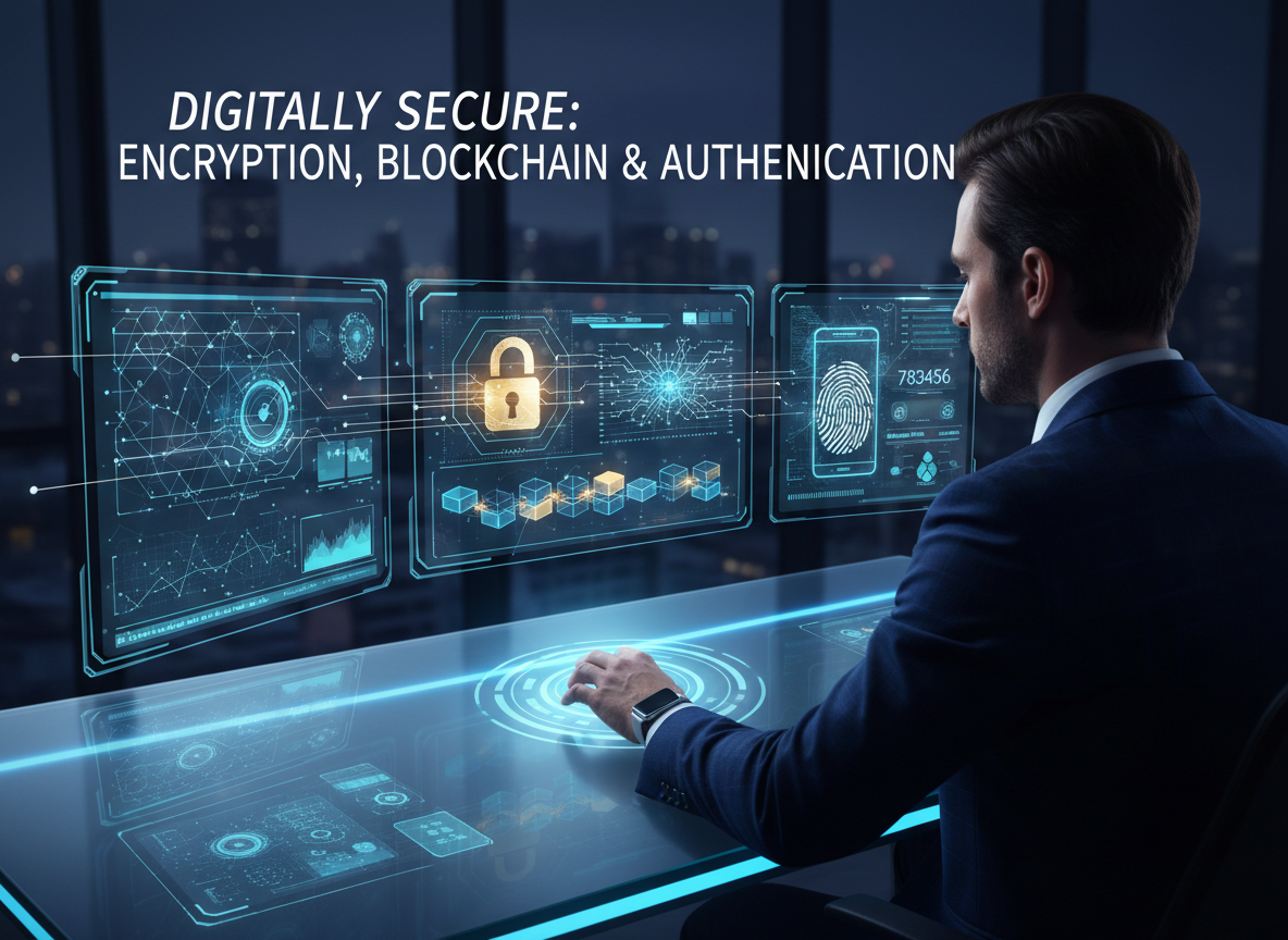 Futuristic workstation showing holographic layers of encryption, blockchain, and multi-factor authentication for digital signatures.