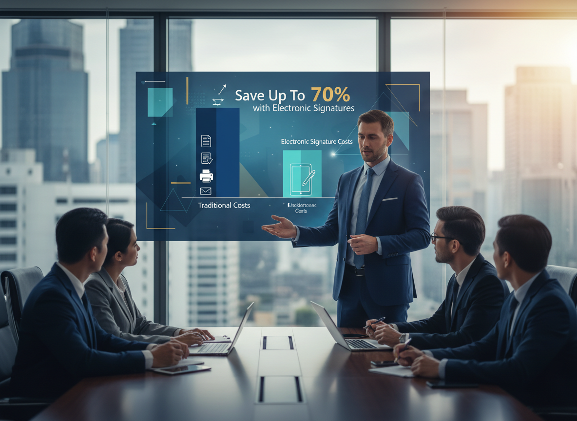 Conference room presentation showing a bar graph comparing high traditional document costs versus low electronic signature expenses.