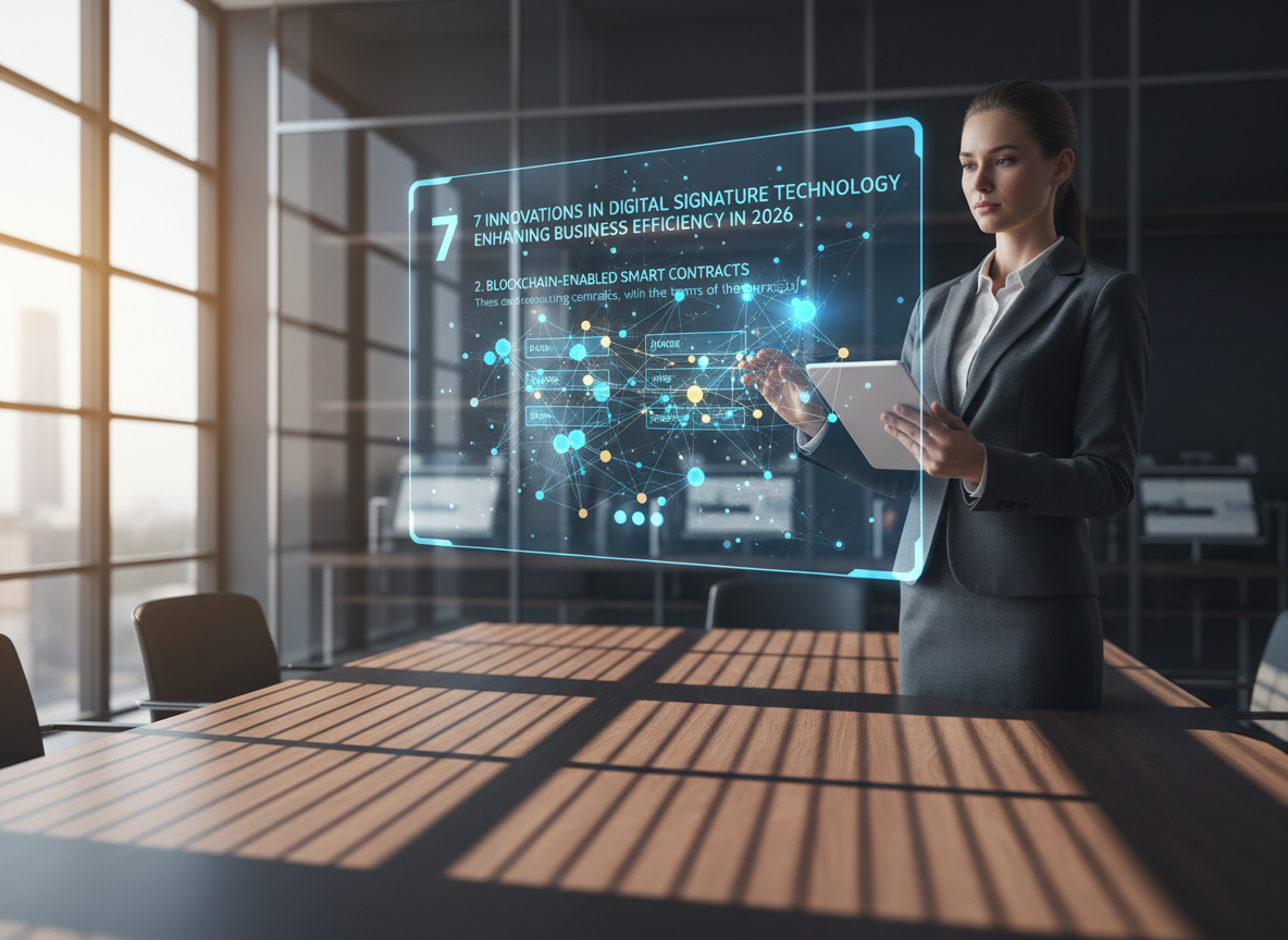 Blockchain-enabled smart contracts in a boardroom with digital connections securing the contract.