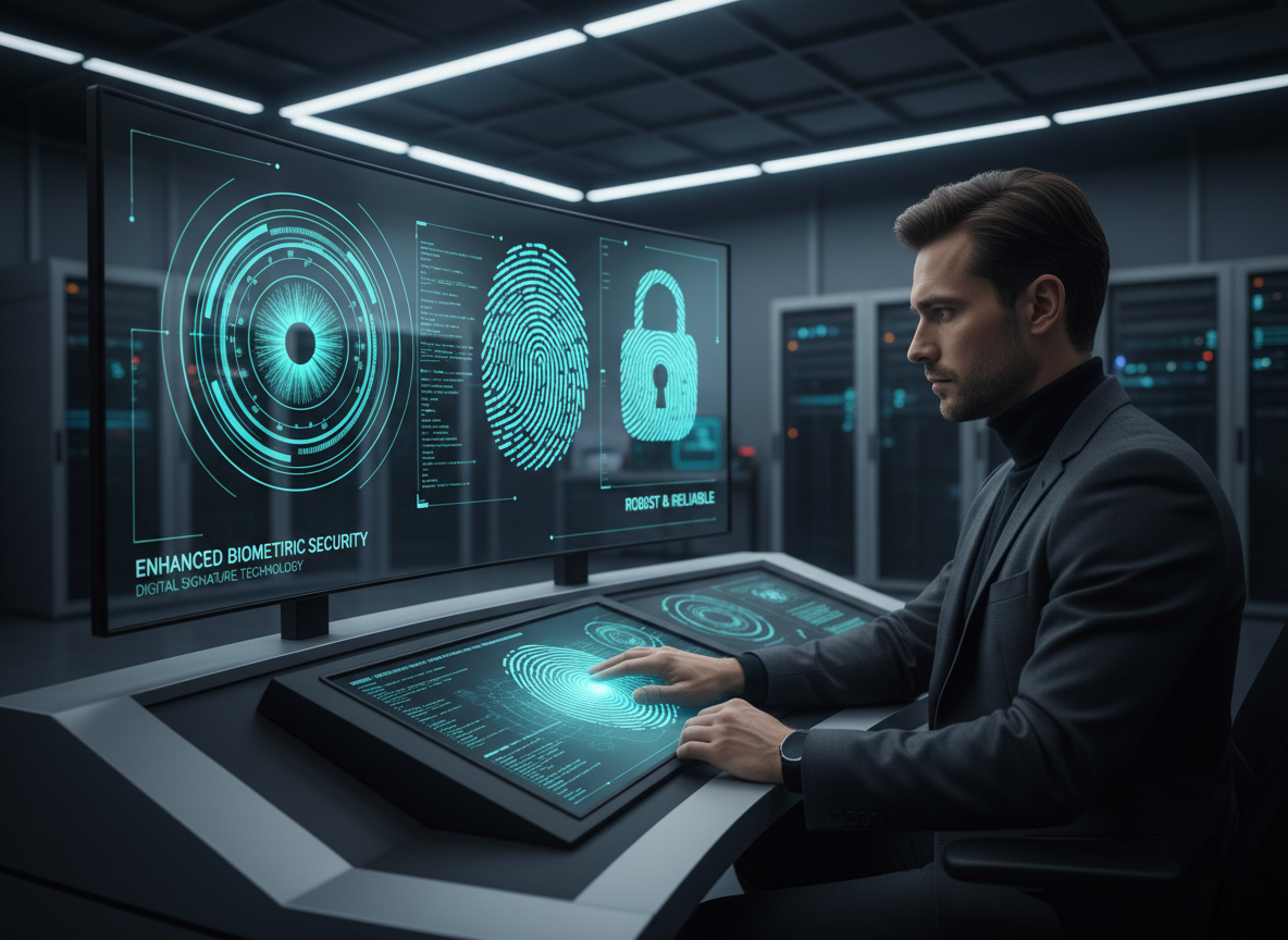 Biometric security features in a control room with fingerprint and iris scan visualizations.