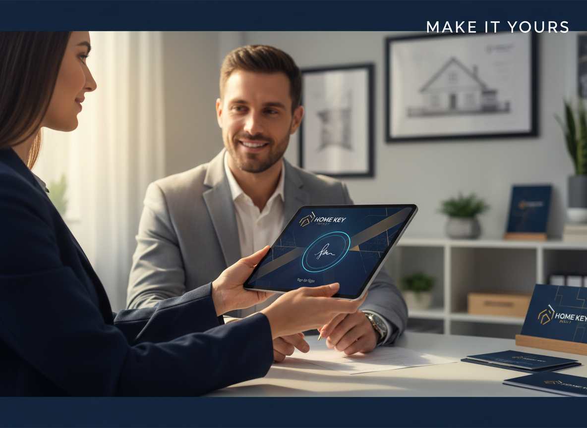 A branded digital signature interface on a tablet, emphasizing customization options and professional branding in a real estate setting.