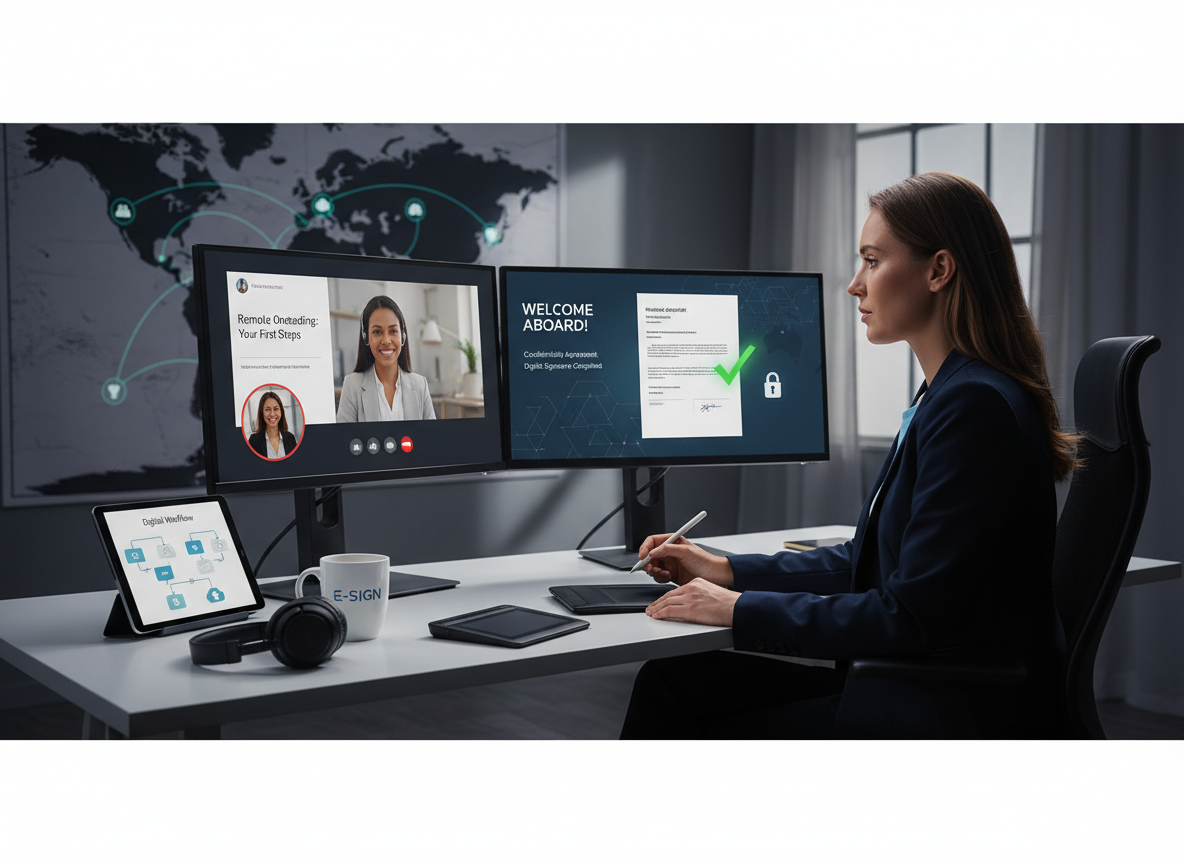 Remote employee completing digital onboarding forms during a video call with HR, illustrating simplified workflows.