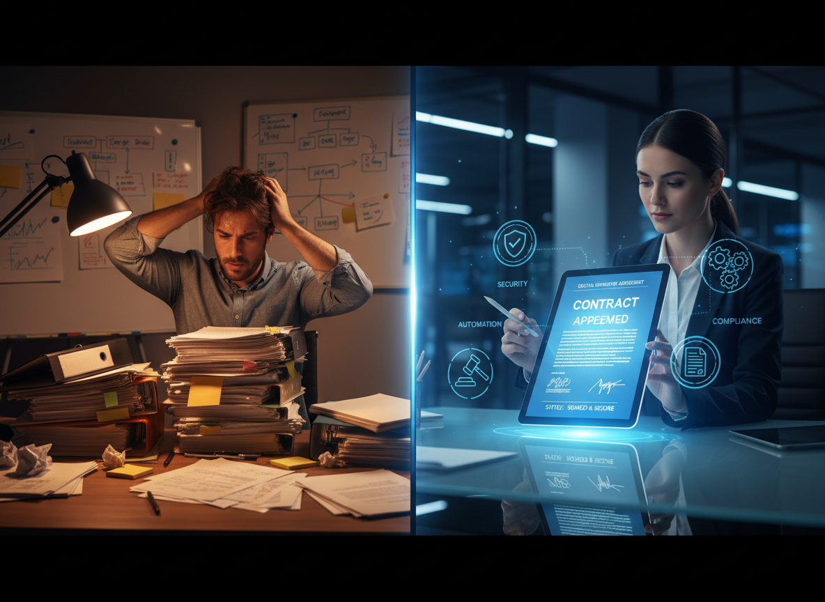 Split-screen showing a cluttered paper-based workflow desk on one side and an organized digital signature workflow on the other.