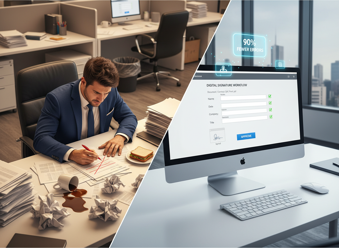 A comparison of a stressed employee making manual errors versus an automated digital signature system ensuring accuracy.