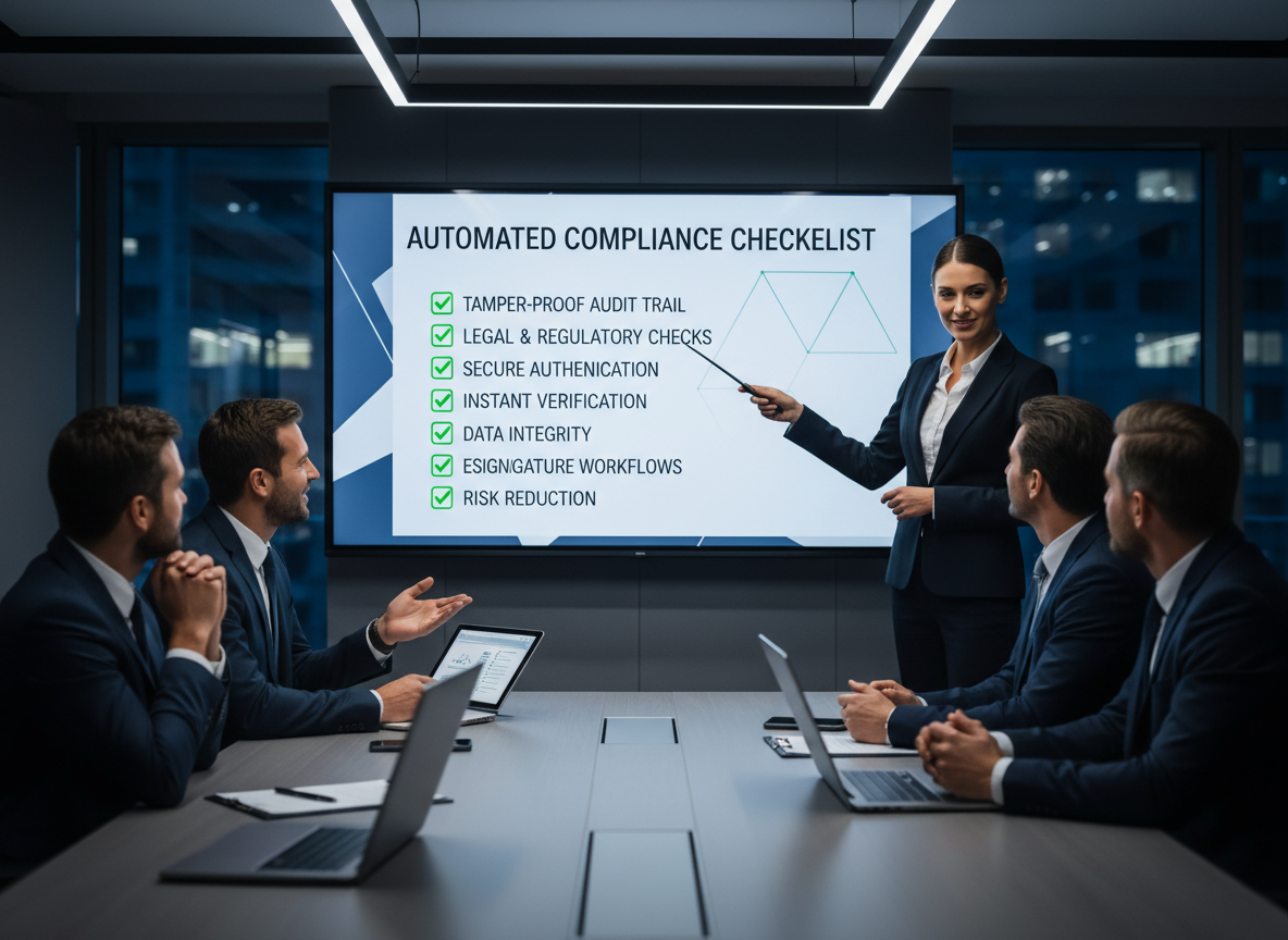 A legal team reviewing a compliance checklist on a digital dashboard with features like audit trails and secure authentication.