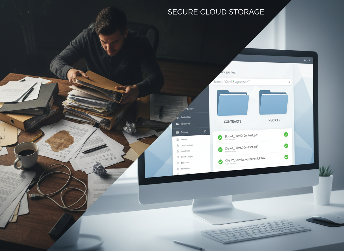 Split-screen showing a cluttered desk with misplaced papers versus an organized digital document repository.