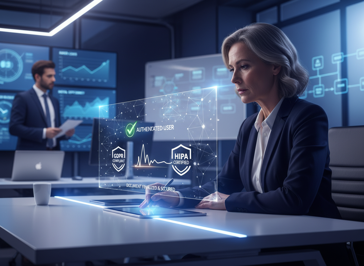 A high-tech representation of a secure e-signature process with encryption, user authentication, and compliance certifications like GDPR and HIPAA.