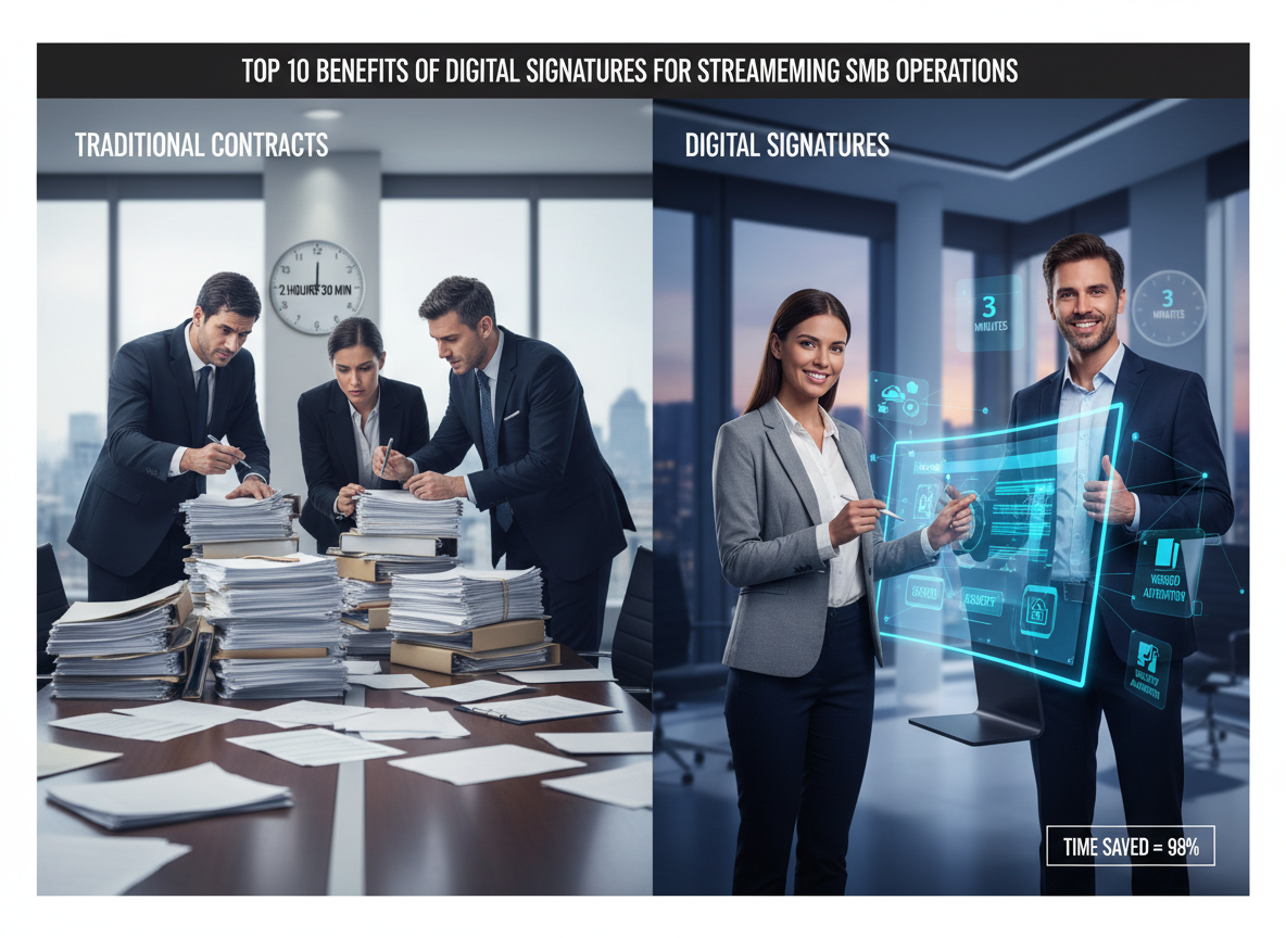 Side-by-side comparison of traditional contract signing with stacks of paper versus a modern digital signature workflow showing time saved.