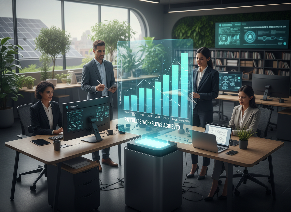 Eco-friendly office with employees using digital devices and a glowing graph showing declining paper usage, symbolizing paperless workflows.