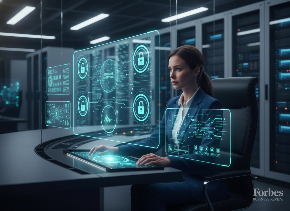 A cybersecurity analyst monitoring holographic data screens in a high-tech data center, with glowing locks and shields representing AES 256-bit encryption.