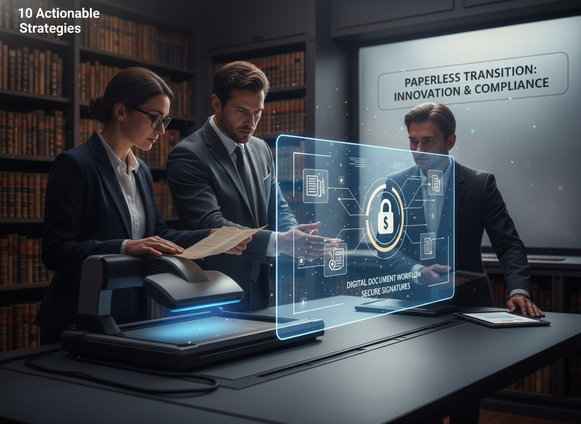 A tech team digitizing historical documents in an archival room, with a glowing holographic database symbolizing the transition to a paperless workflow.