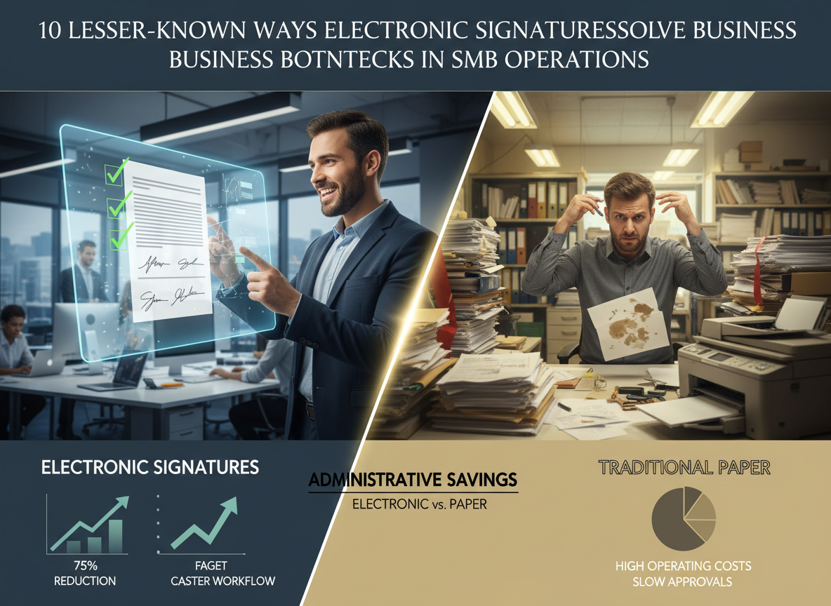 A split-screen comparison showing the administrative cost savings of electronic signatures versus traditional paper-based processes.