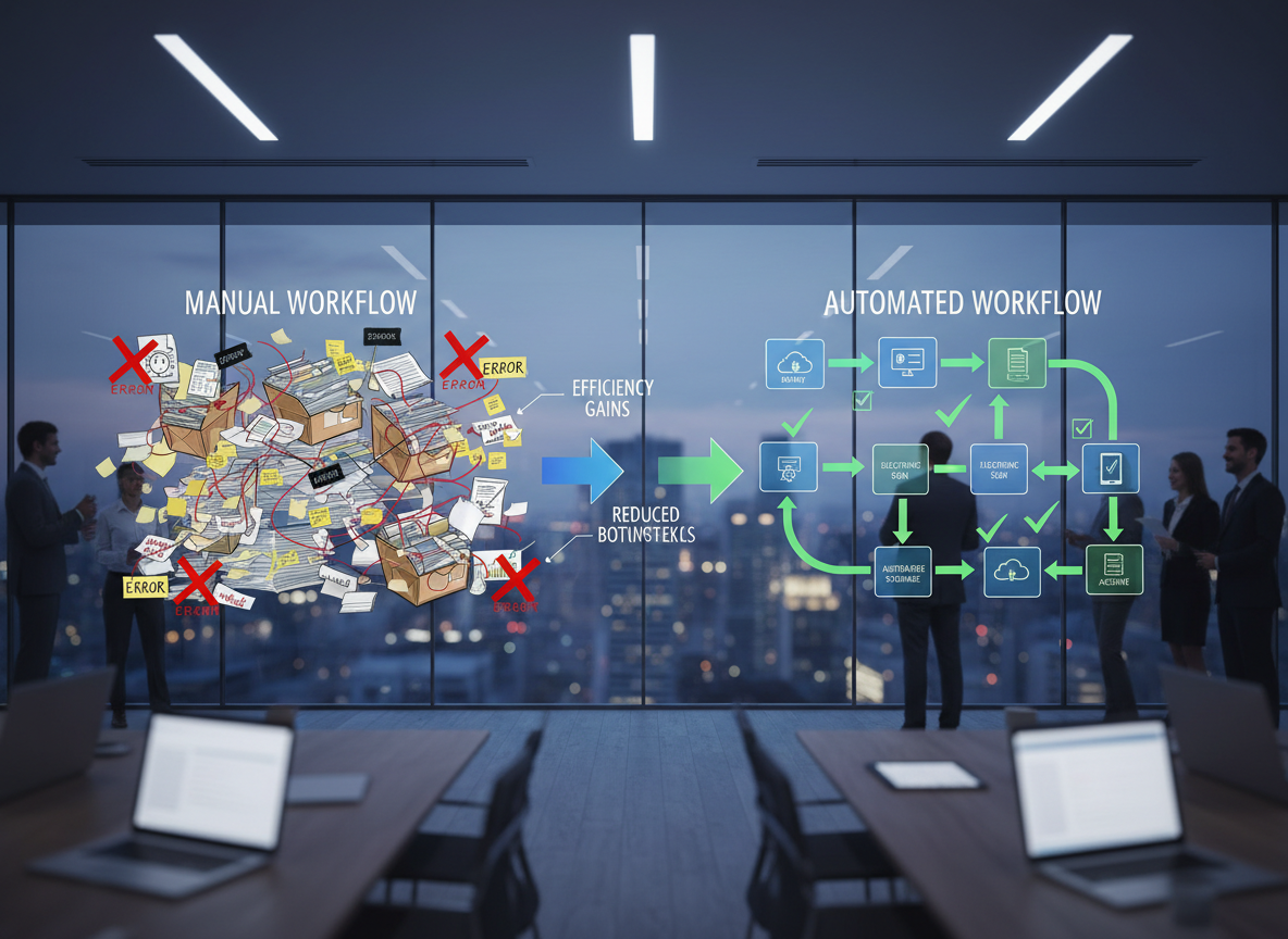 Diagram showing the transition from manual document workflows to automated processes, highlighting efficiency gains.