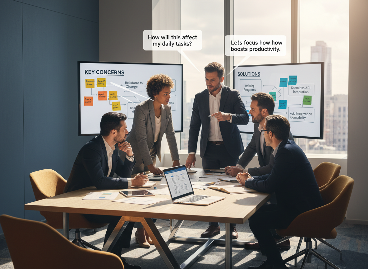 Team collaborating on automation implementation, with concerns and solutions displayed on charts and in speech bubbles.